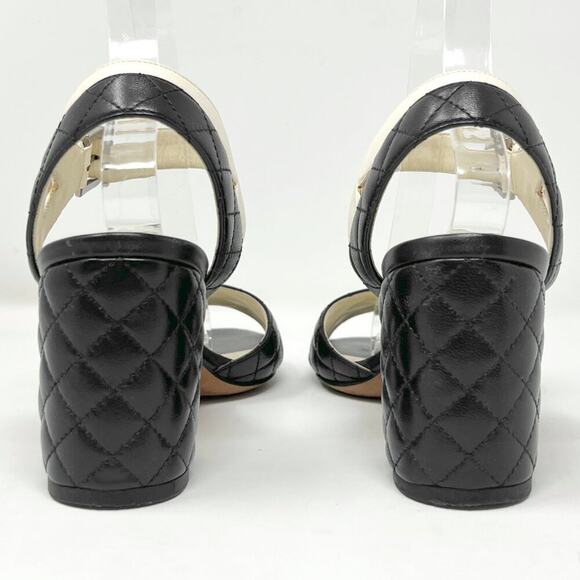 Chanel Black White Quilted Matelasse Leather Peep Toe Block Logo Heel Sandals - Picture 5 of 10